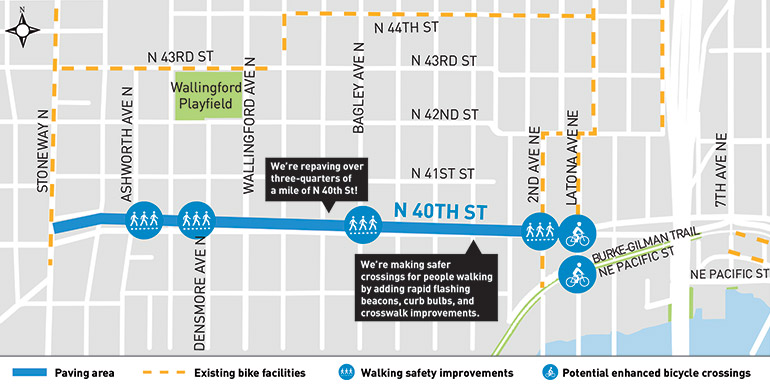 A map that displays the section of N 40th St that will receive a three-quarters of a mile of repaving along the blue line. The map also shows existing bike facilities in the form of yellow dotted lines. The circular images along the blue line show sidewalk and bike connection improvements.